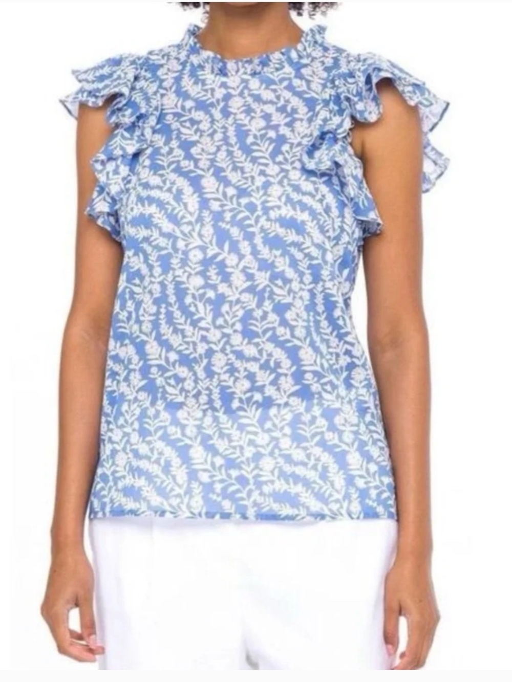 Banjanan Klara Floral Ruffle Top in Marina Blue